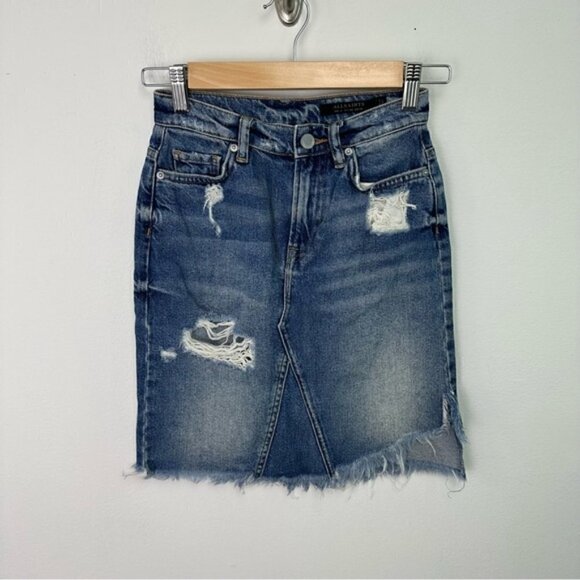 ALL Saints Distressed Denim Raw Hem Mini Jean Skirt 00 - Picture 2 of 5